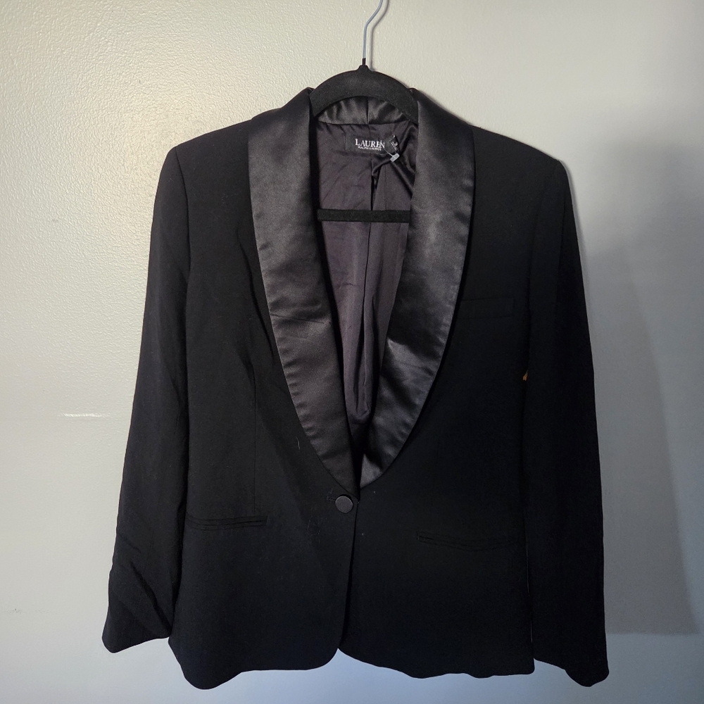 Lauren Ralph Lauren Womens Black Wool Satin Trim Preppy Tuxedo Blazer Jacket  6 - Picture 3 of 11